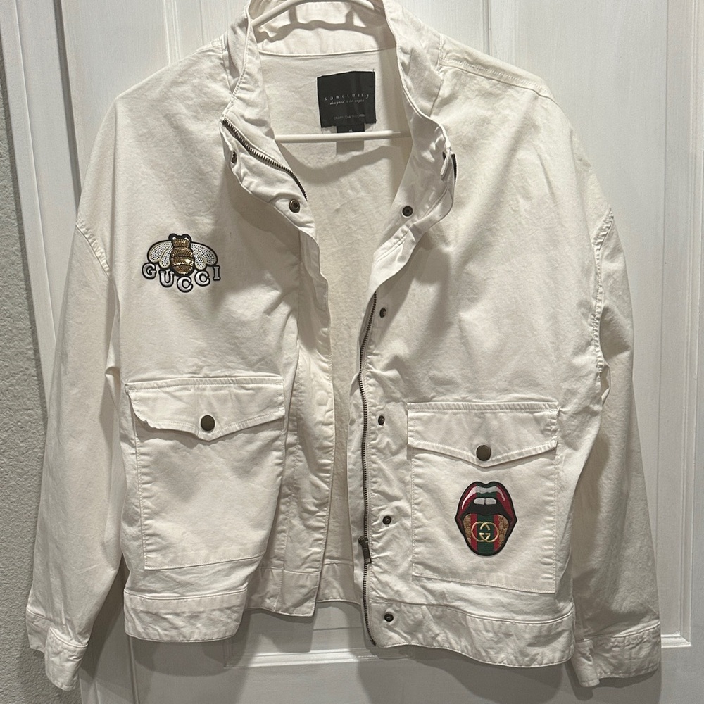 Sanctuary White Bomber Jacket with Embroidered Patches